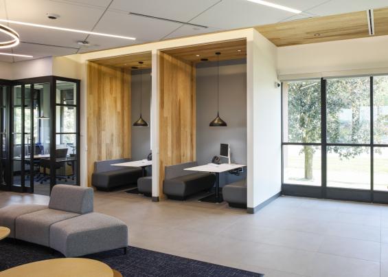 Modern Farmhouse Clean Ash, Raked in seating areas throughout a bank in Fayetteville, NY. Photography © Matt Whittmeyer