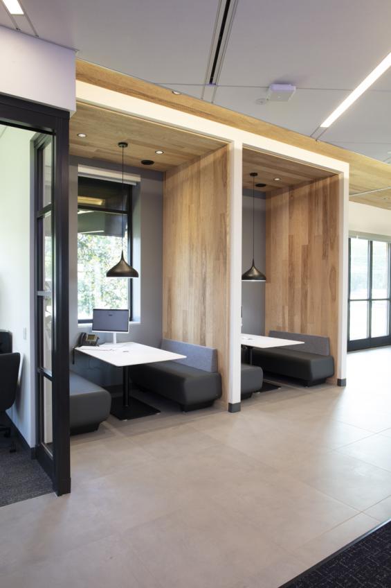 Modern Farmhouse Clean Ash, Raked in seating areas throughout a bank in Fayetteville, NY. Photography © Matt Whittmeyer