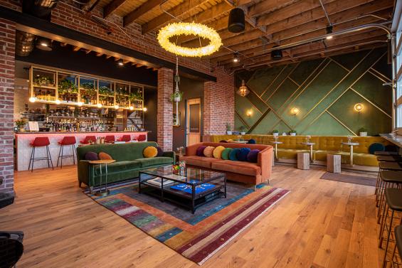 Pioneer Millworks Black & Tan–Tan Flooring in Honey Elixir Bar in Denver, CO. Photo Credit: Jess Bernstein