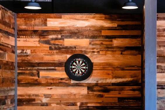Pioneer Millworks Settlers' Plank Mixed Oak Paneling in The Pindsutry, Greenwood Village, CO. Photo Credit: Lucy Beaugard and The Pindustry