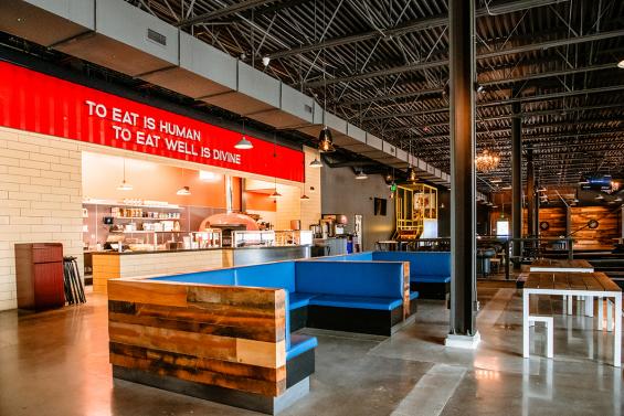 Pioneer Millworks Settlers' Plank Mixed Oak Paneling in The Pindsutry, Greenwood Village, CO. Photo Credit: Lucy Beaugard and The Pindustry