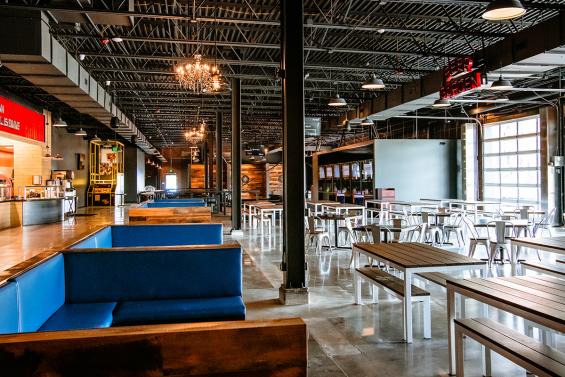 Pioneer Millworks Settlers' Plank Mixed Oak Paneling in The Pindsutry, Greenwood Village, CO. Photo Credit: Lucy Beaugard and The Pindustry