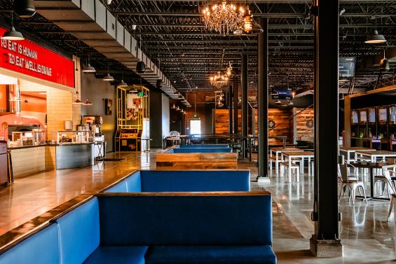 Pioneer Millworks Settlers' Plank Mixed Oak Paneling in The Pindsutry, Greenwood Village, CO. Photo Credit: Lucy Beaugard and The Pindustry