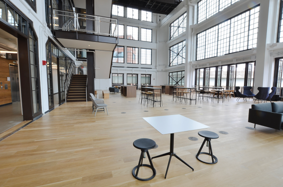 Pioneer Millworks Modern Farmhouse Casual White Oak flooring in The Assembly, Pittsburgh, PA. ©Trisha Steffy Creative Studio