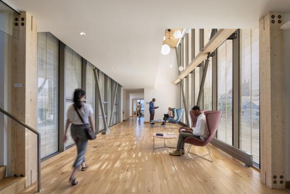 Pioneer Millworks Accoya Sand Siding and American Gothic Reclaimed White Oak Flooring in the Davis Center at Williams College. Photo by Albert Vecerka/Esto