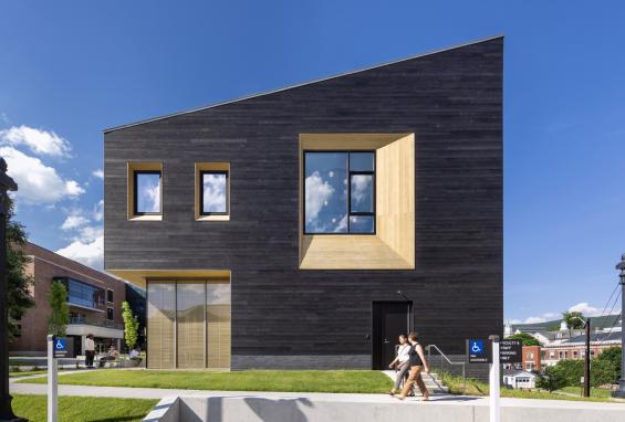 Pioneer Millworks Accoya Sand Siding and American Gothic Reclaimed White Oak Flooring in the Davis Center at Williams College. Photo by Albert Vecerka/Esto