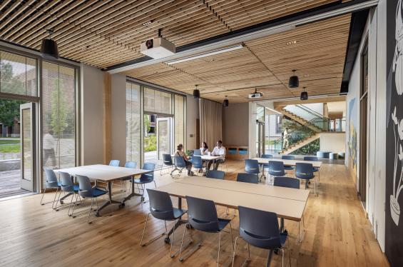 Pioneer Millworks Accoya Sand Siding and American Gothic Reclaimed White Oak Flooring in the Davis Center at Williams College. Photo by Albert Vecerka/Esto