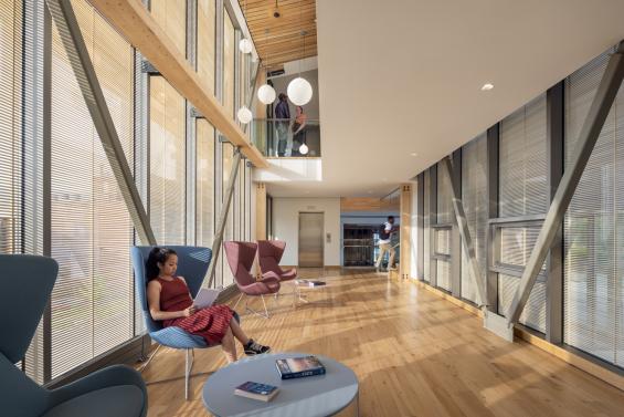 Pioneer Millworks Accoya Sand Siding and American Gothic Reclaimed White Oak Flooring in the Davis Center at Williams College. Photo by Albert Vecerka/Esto
