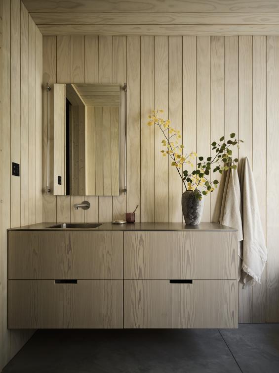 Pioneer Millworks Larch Scandi Paneling and Siding, and Accoya Scandi Paneling in bathroom. Photos ny Matt Millman.