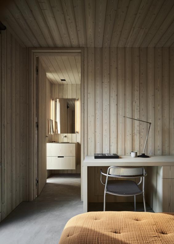 Pioneer Millworks Larch Scandi Paneling and Siding, and Accoya Scandi Paneling in bathroom. Photos ny Matt Millman.