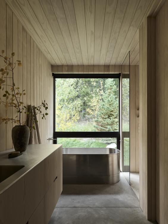 Pioneer Millworks Larch Scandi Paneling and Siding, and Accoya Scandi Paneling in bathroom. Photos ny Matt Millman.