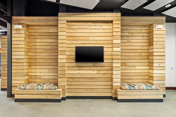 Pioneer Millworks American Gothic Ash with Pure Finish Paneling in The Stations at LoSo Charlotte, NC. Photo by VISIO Photography.