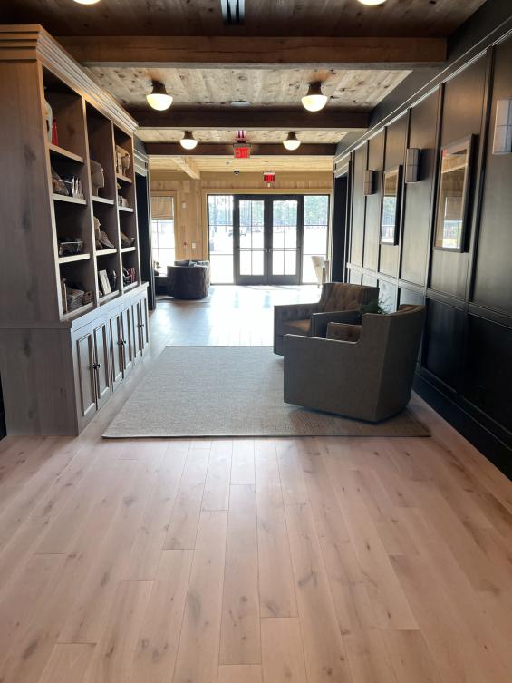 Pioneer Millworks Farmed Board Siding, and Modern Farmhouse White Oak Flooring in 5% White at Pinehurst #10 Proshop